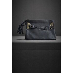 GUESS by Marciano Black Vegan Leather Clutch Purse  Tassel & Woven Strap Evening